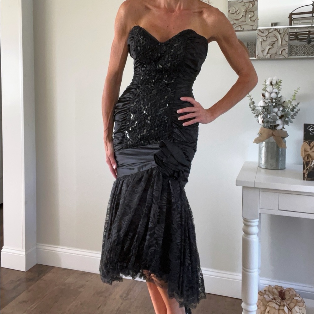 Zum Zum Vintage 80s Strapless Satin Lace Sequin Mermaid Hi-low Prom Dress